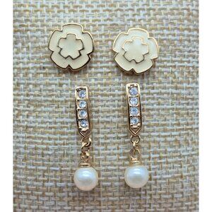Lot of 2 Dainty Earrings MONET Cream Stud Flowers & Oman Drop Pearl & Rhinestone